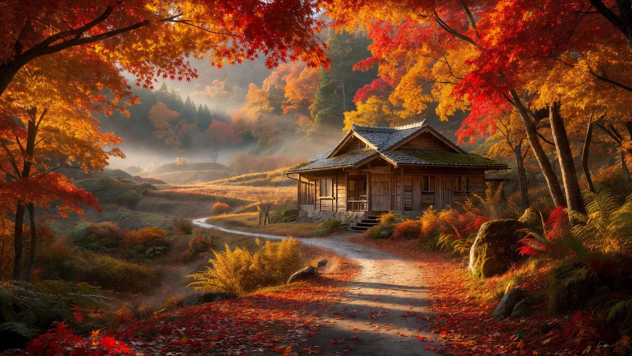 谷間の秋の紅葉とロッジ