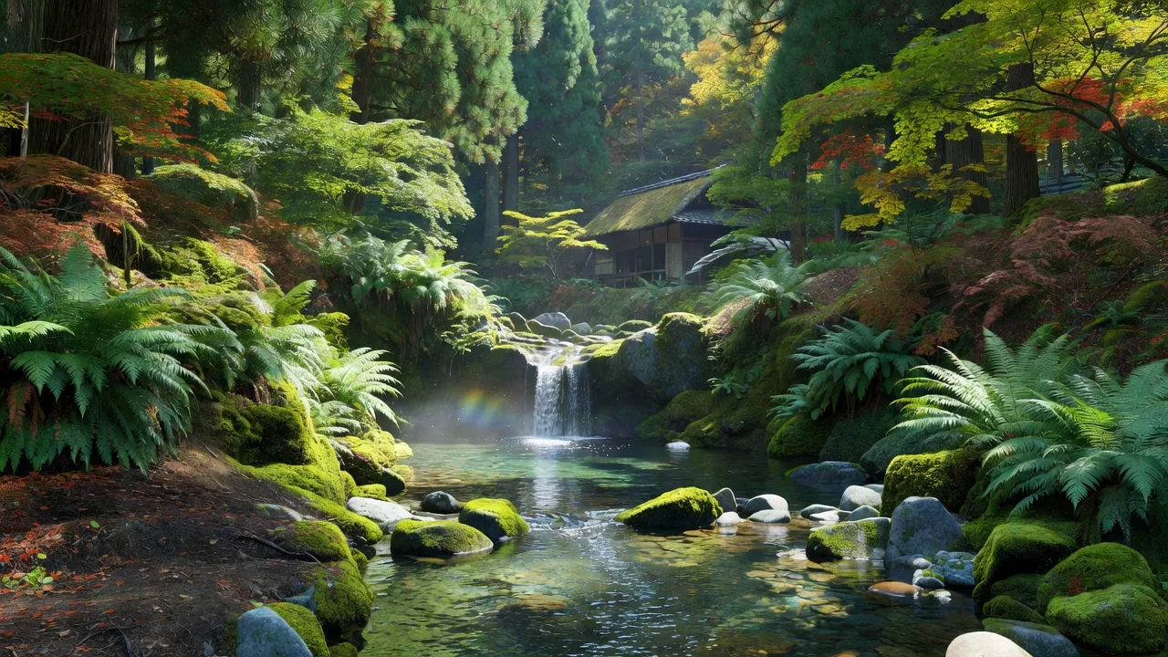 山の渓流と滝